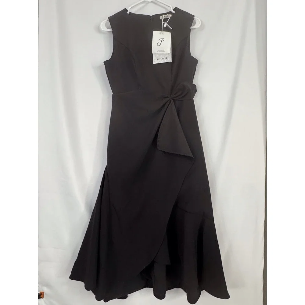 FEHAUTE‎ Black Sleeveless Midi Dress Size 2 NWT Ruffle Hem Cocktail Party